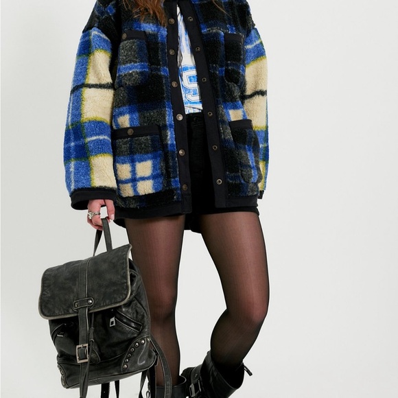 Free People Jackets & Blazers - Free People Blue, Black & Cream Plaid Teddy Jacket